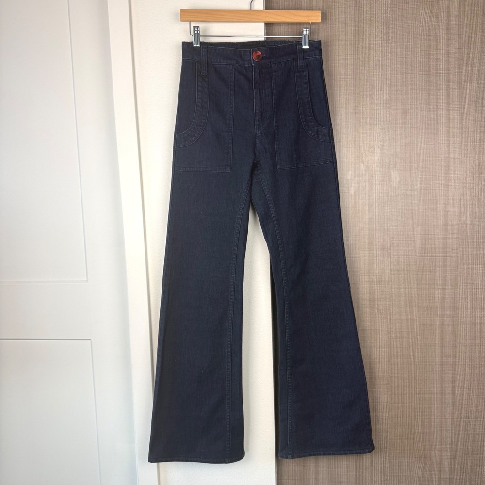 Grey Ant Dark Wash Flare Wide Leg Jeans 70s Bell Bottom High Waisted Size 4 - Picture 2 of 9